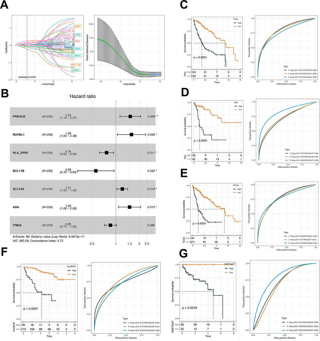 The prognostic model was constructed based on DNA sensors related genes. (A) LASSO coefficient profiles of 14 prognostic mRNAs in TCGA training cohort and the coefficient profile plot was developed against the log (Lambda) sequence. When lambda is 0.0423, the smallest value, fourteen genes are obtained. (B) Multi-variate analyses. (C) Analyses of KM and ROC on TCGA training data. (D) The KM and ROC analysis of the model on the TCGA validation dataset. (E) The KM and ROC analysis of the model on the TCGA dataset. (F) The KM and ROC analysis of the model on the HCCDB18 dataset. (G) The KM and ROC analysis of the model on the GSE76427 dataset. The asterisks represent the P-value (*p 
