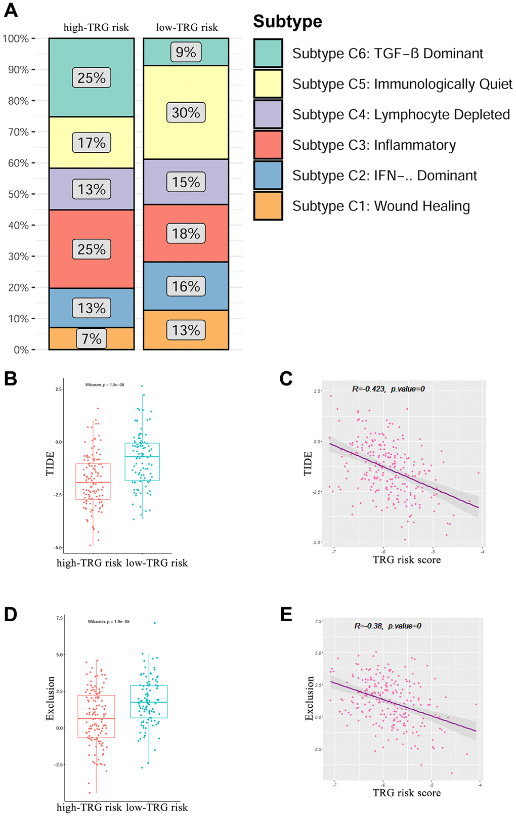 Immune subtypes of the TRGs risk group. (A) Percentage of the six immune subtypes in the high and low TRGs risk groups. (B) and (C) Correlation of the TIDE score with TRG risk score. (D) and (E) Correlation of the exclusion score with TRG risk score.