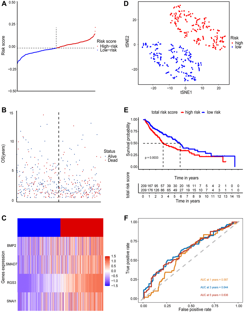 Prognostic value of 4 EMT-RDGs in the training set. (A) A risk curve based on the risk score of each sample. (B) The scatter plot is based on the survival status of each sample, the blue and red dots represent survival and death, respectively. (C) A heatmap of 4 EMT-RDGs. (D) t-SNE plot of high-and low-risk groups based on the four-gene prognostic model. (E) Kaplan-Meier curve for training set overall survival. (F) ROC curves for the 1, 3, and 5-year survival prediction.