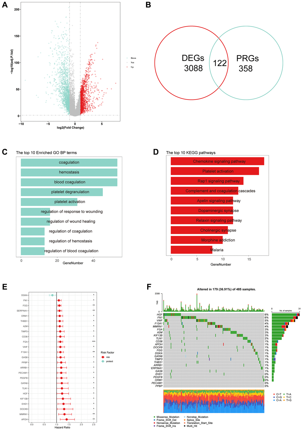 Identification of prognostic platelet-related genes (PRGs). (A) Differentially expressed genes (DEGs) in LUSC tissues compared to normal controls. (B) Venn plots showed that 122 common genes in DEGs and PRGs. (C, D) The top 10 results of GO and KEGG enrichment based on 122 PRGs. (E) Hazard ratios (HR) forest plot of 25 PRGs with prognostic values. (Red: risk factors, Blue: protective factors, *p **P ***P F) The waterfall plots of 25 PRGs in 485 LUSC patients.