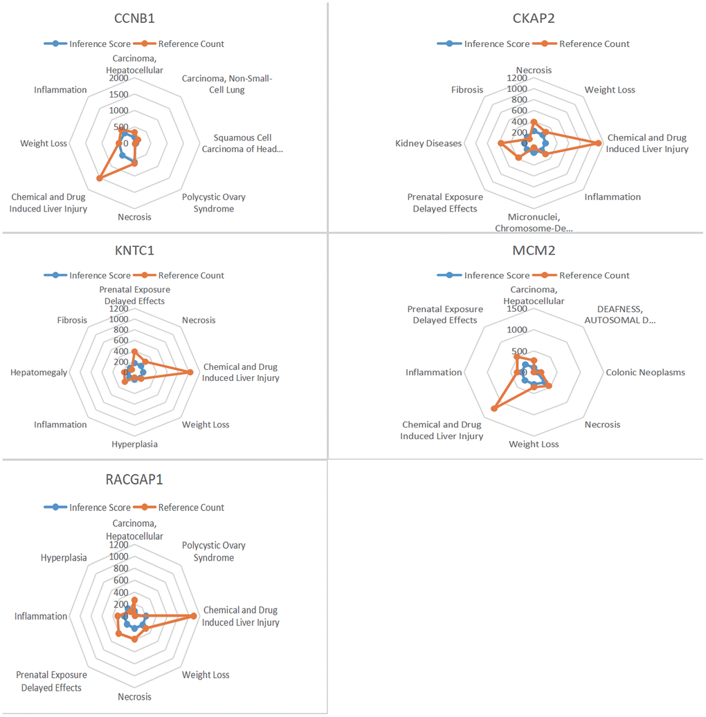 CTD analysis. Five genes (KNTC1, MCM2, CKAP2, RACGAP1, CCNB1) were found to be associated with head and neck squamous cell carcinoma, necrosis, inflammation and hepatomegaly.