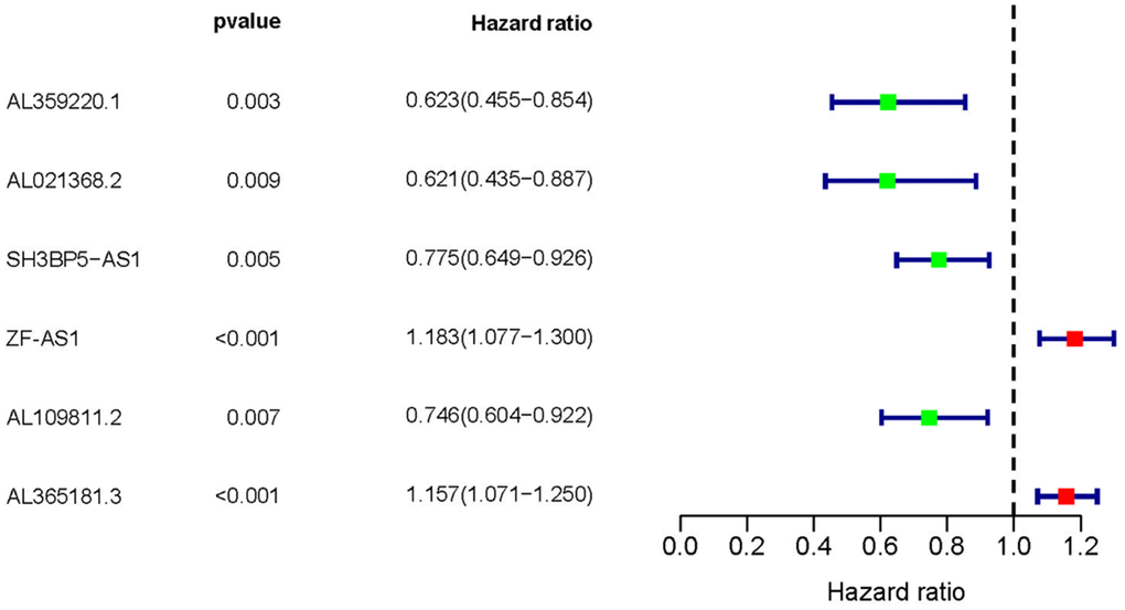 Survival-related MRLNRs. Forest plot illustrated the prognosis values of sMRLNRs (AL359220.1, AL021368.2, ZF-AS1, SH3BP5-AS1, AL109811.2 and AL365181.3).