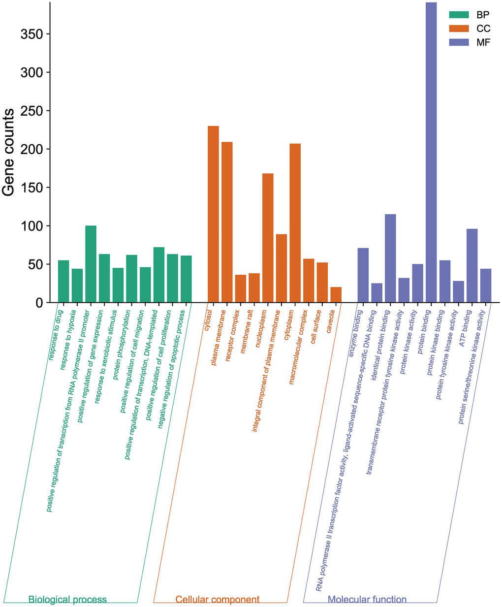 GO enrichment analysis of the potential targets of BXD against neuroinflammation using DAVID. Top 10 BP terms, CC terms, and MF terms are shown as green, orange, and purple bars, respectively.