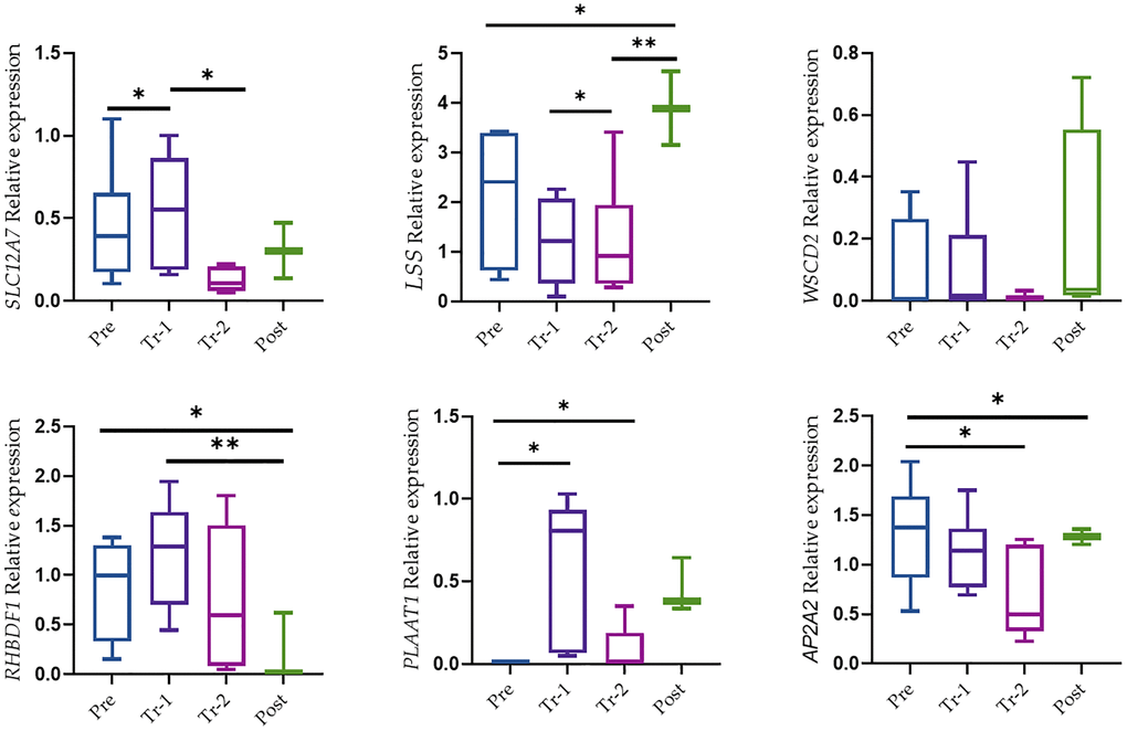 The mRNA level of genes in liver tissue. Relative expression was from expression qRT-PCR. Data were presented as Box and Whisker plots with *P **P ***P 