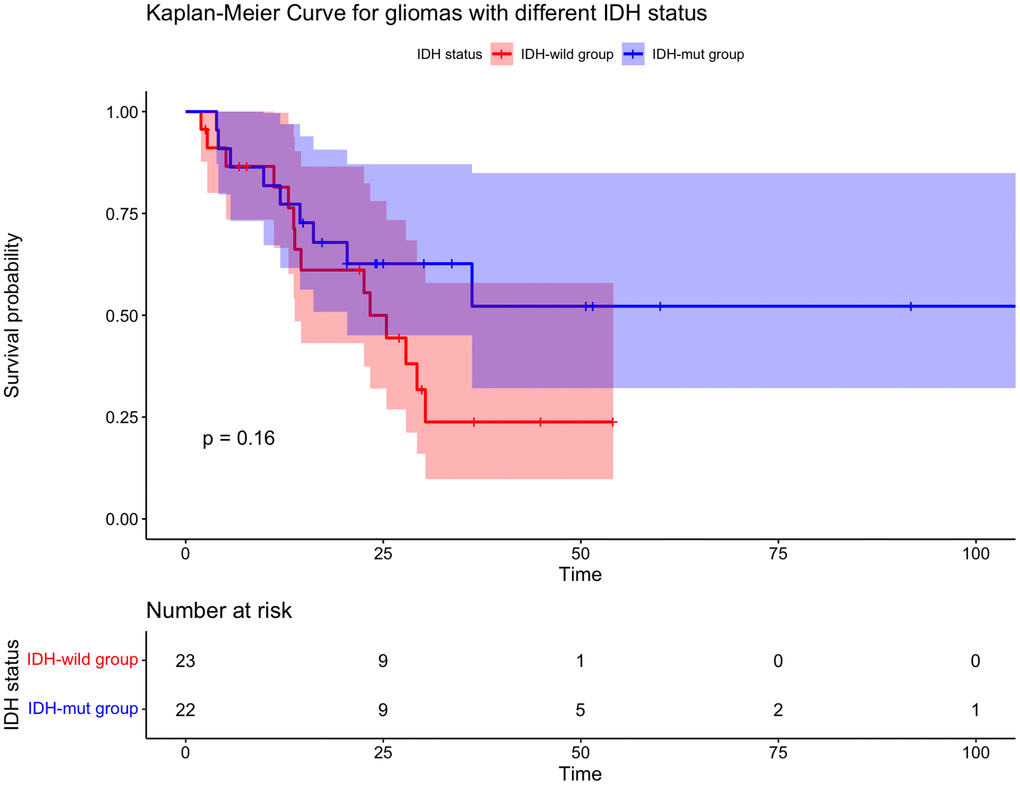 Kaplan-Meier curve for overall survival for gliomas with different IDH status. There is no statistically significant difference in IDH-mut group and IDH-wild group.
