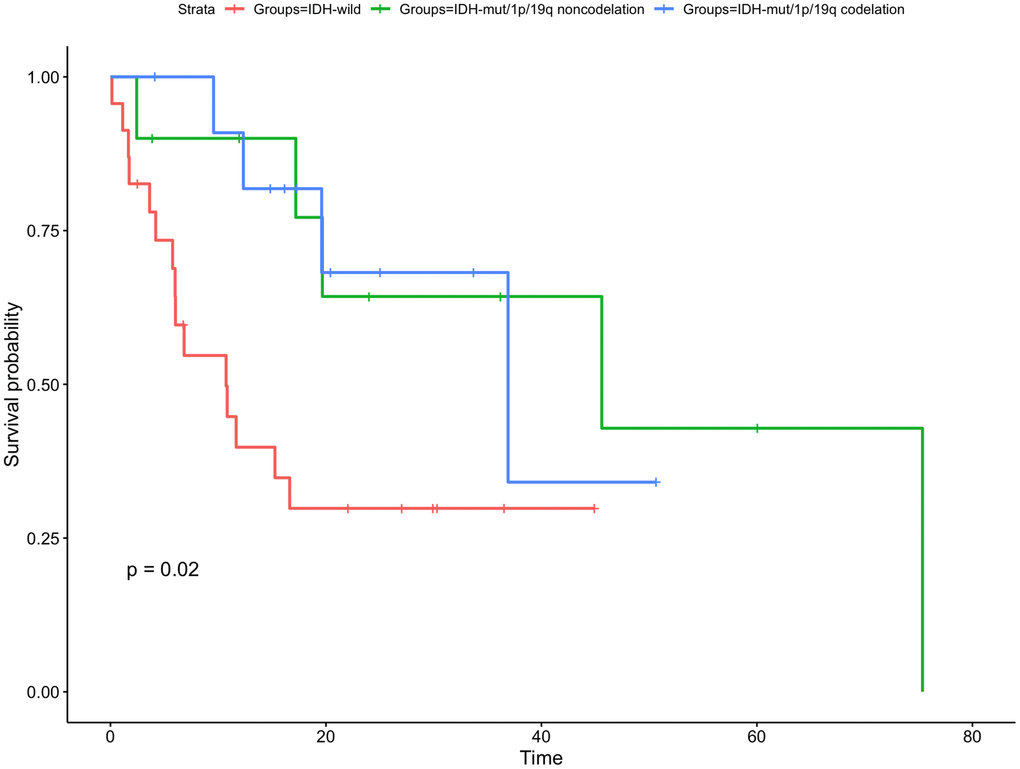 Kaplan-Meier curve for time to tumor progression for gliomas with different IDH status. The PFS of patients with IDH mutated/1p/19q codeletion or 1p/19q non codeletion were longer than that of IDH-wild type patients.