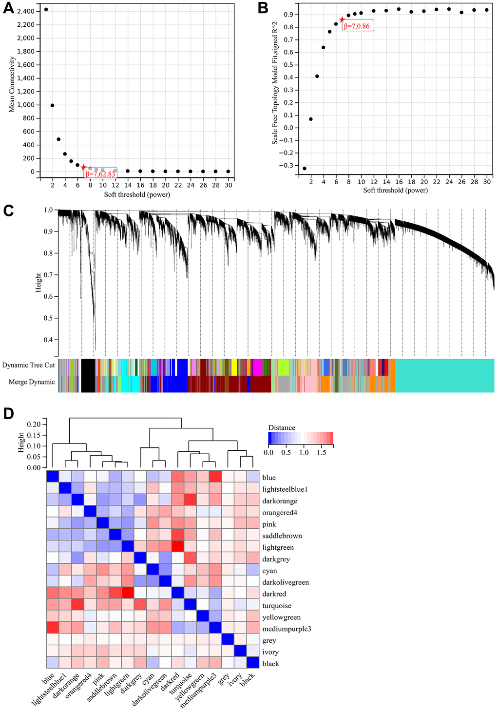WGCNA. (A) β = 7,62.38. (B) β = 7,0.86. (C) Hierarchical clustering trees were constructed for all genes, and significant modules were generated (D) The interactions between these modules were analyzed.