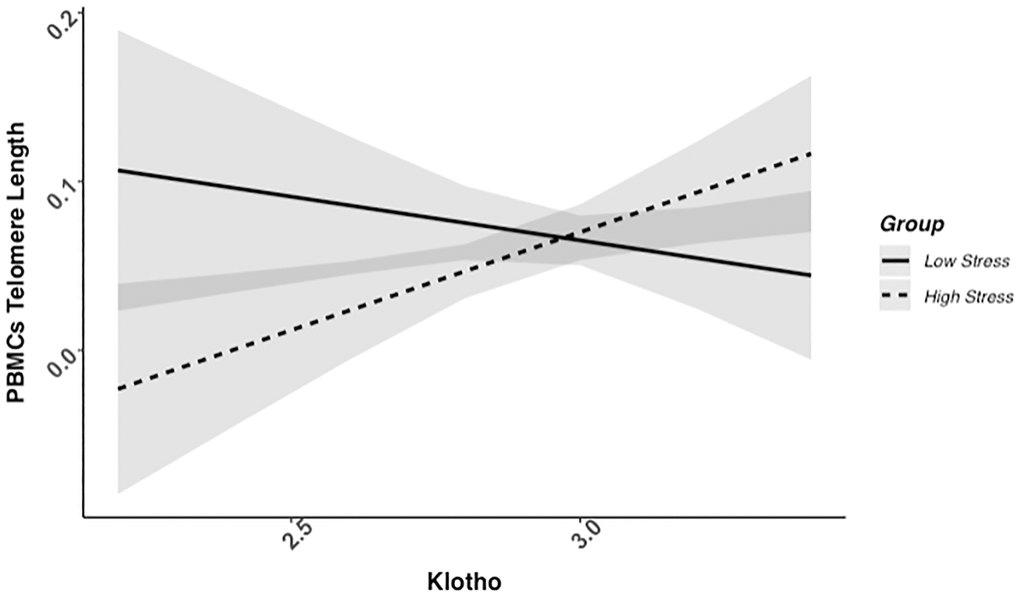 PBMC telomere length as a function of klotho levels and stress group membership. The slope for the high-stress group was significant, but not the slope for the low-stress group (see Table 2).