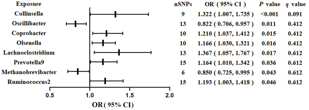 Associations of genetically predicted gut microbiota with risk of GDM using IVW method. OR, odds ratio; Cl, confidence interval.