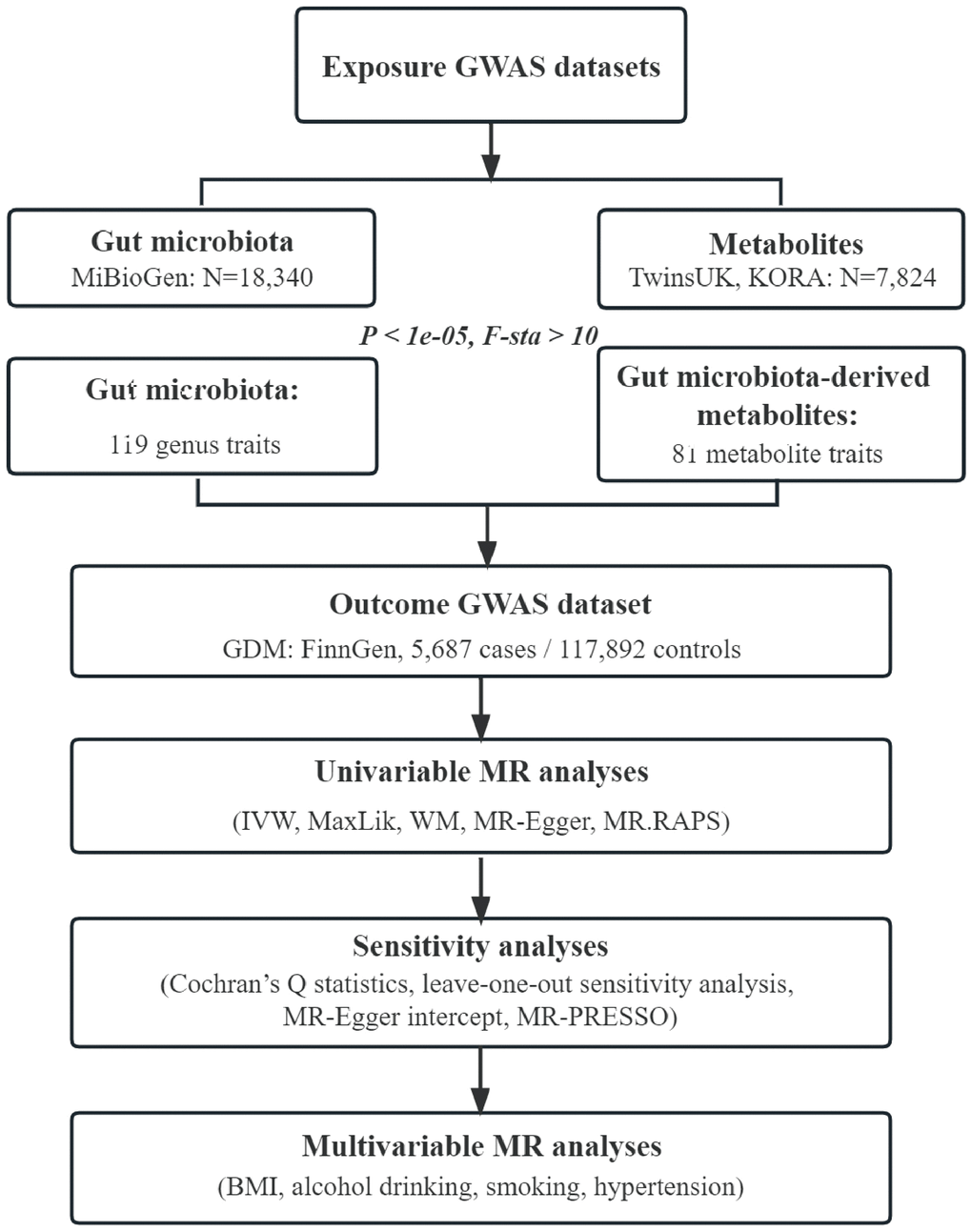 Flowchart of this study. GWAS, genome-wide association study; GDM, gestational diabetes mellitus; IVW, inverse-variance weighted; MaxLik, maximum likelihood; WM, weighted median; MR.RAPS, mendelian randomization robust adjusted profile score; MR-PRESSO, mendelian randomization pleiotropy residual sum and outlier; BMI, body mass index.