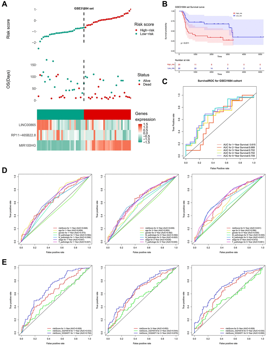 Validation of prognostic model. (A) High and low-risk group curves and the heat map of the model in the validation set. (B) KM survival curve of high and low-risk groups in the validation set. (C) Survival ROC curve of the validation set. (D) ROC curve for clinicopathological factors and risk score of patients at 1, 3, and 5 years. (E) Comparing the risk model with other models.