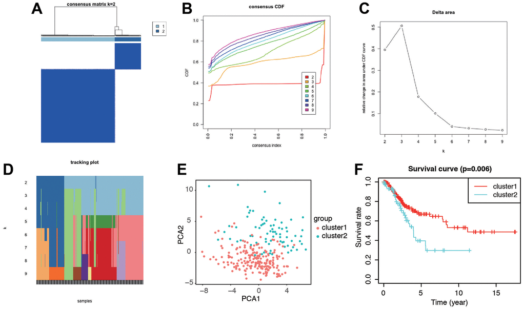 Identification of the molecular subtypes of the CC patients using the DEGs associated with senescence. (A) The CC patients were stratified into 2 clusters based on the consensus clustering matrix (k=2). (B–D) Consensus clustering model with cumulative distribution function (CDF) by k from 2 to 9. (E) The results of PCA analysis among the two subtypes. (F) Survival curves of patients in the two clusters.