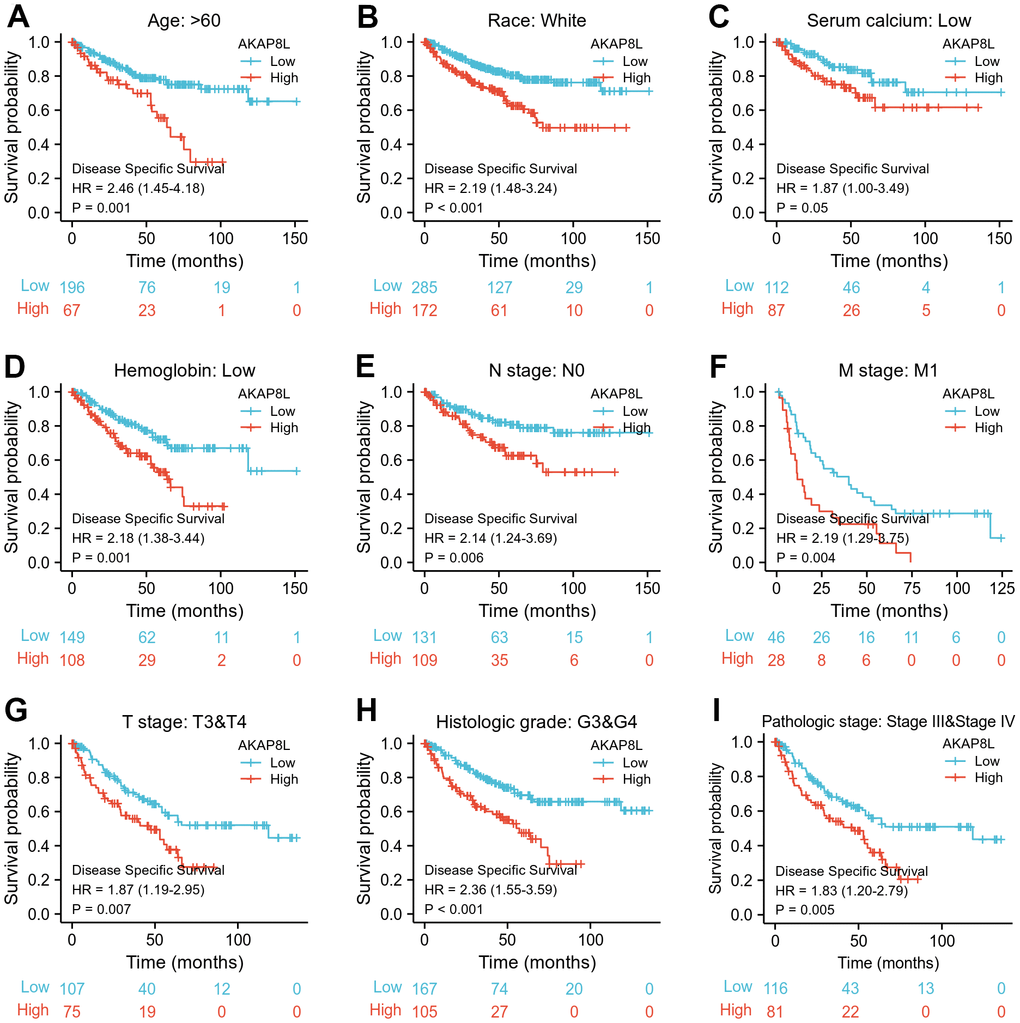 Associations between AKAP8L expression and the DSS in different clinical subgroups of KIRC. (A) Age > 60; (B) Race: White; (C) Serum calcium: Low; (D) Hemoglobin: Low; (E) N stage: N0; (F) M stage: M1; (G) T stage: T3&T4; (H) Histologic grade: G3&G4; (I) Pathologic stage: Stage III & Stage IV.