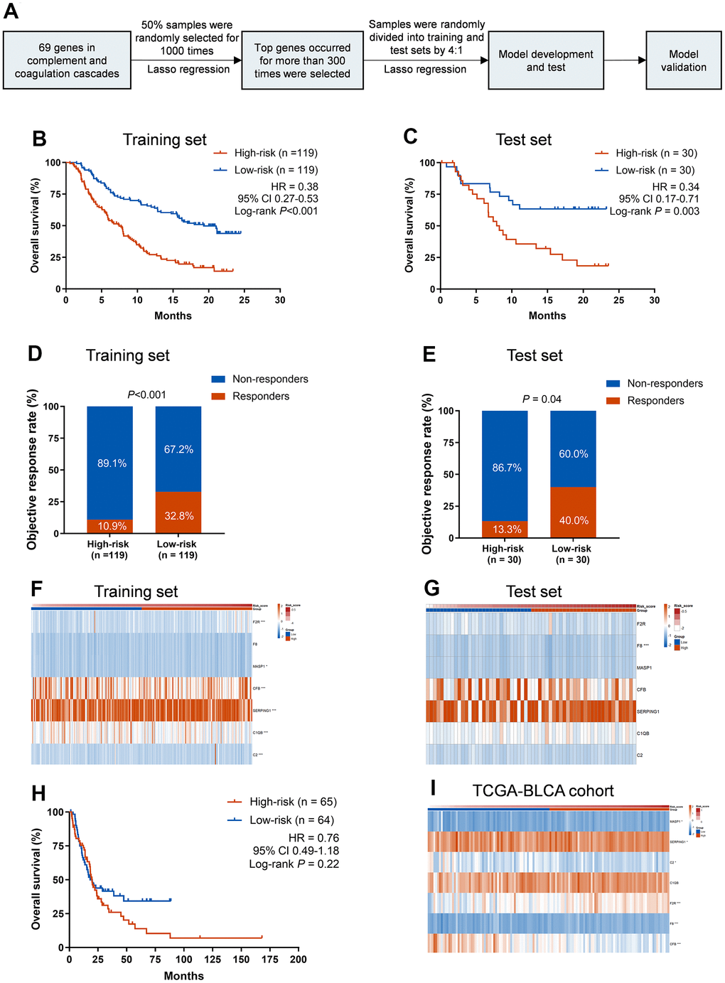 Training and validation of the CCCP risk score in mUC and TCGA-BLCA cohort. (A) Workflow for the construction of the CCCP risk model. (B, C) Kaplan-Meier curves of OS comparing patients with high- and low-risk in the training (B) and test sets (C). (D, E) Comparison of objective response rate between patients with high- and low-risk in the training (D) and test sets (E). (F, G) Heatmaps depicting the expression of the seven core genes from CCCP in patients with high- and low-risk in the training (F) and test sets (G). (H) Kaplan-Meier curves of OS comparing patients with high- and low-risk in TCGA-BLCA cohort (I) Heatmap depicting the expression of the seven core genes from CCCP in patients with high- and low-risk in TCGA-BLCA cohort. CCCP, complement and coagulation cascades pathway; mUC, metastatic urothelial carcinoma; OS, overall survival.