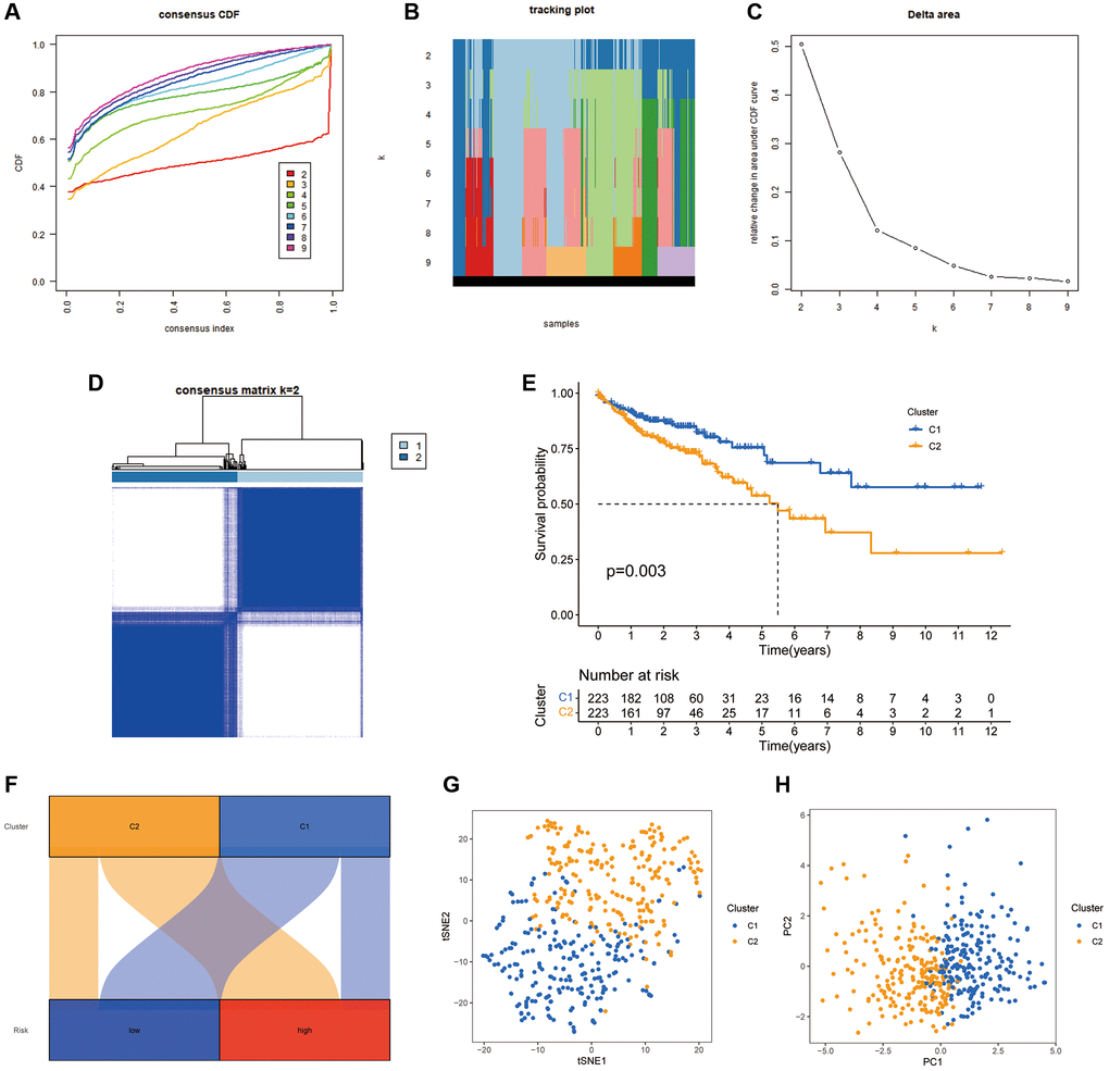 COAD classification based on the CRFRs. (A) The cumulative distribution function curves for k = 2–9. (B) The tracking plot of consistent clustering. (C) The elbow plot showing relative change in area under the cumulative distribution function curve. (D) Consensus clustering matrix for k = 2. (E) K–M curves of the two clusters. (F) Sankey diagram of the association between the risk groups and clusters. (G, H) PCA and tSNE analyses of the clusters.