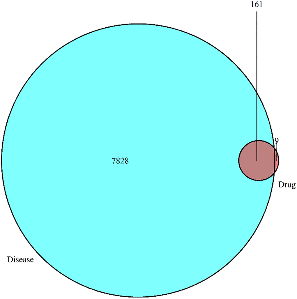 Venn diagram for drug target and disease target screening. After preliminary screening, 7,828 targets were identified for AKI, 170 for DHGC, and 161 for DHGC and AKI.
