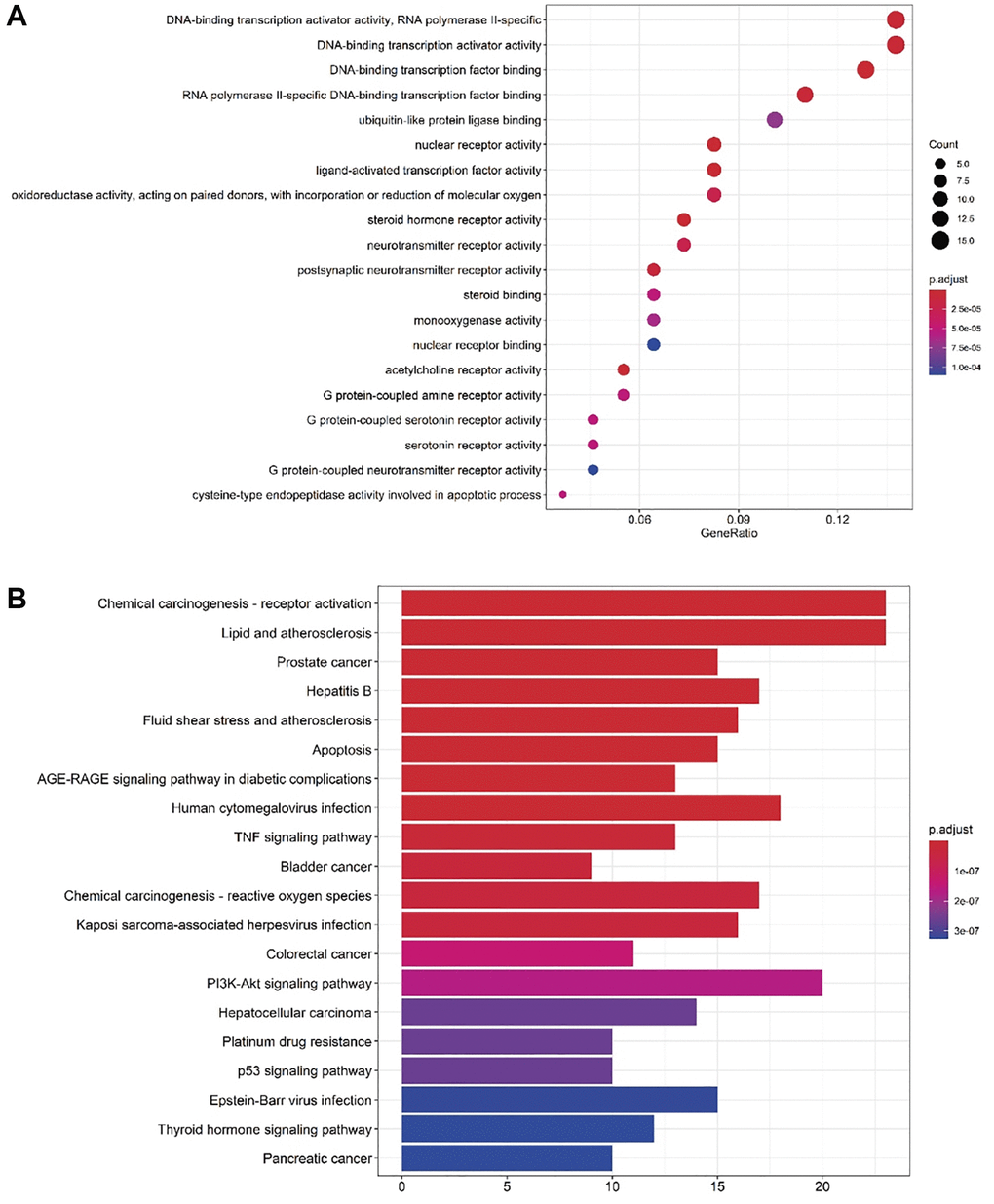 GO enrichment analysis and KEGG enrichment analysis of DHGC anti-AKI. (A) GO analysis of core targets (top 20). (B) Pathways of the DHGC compound against AKI (top 20).