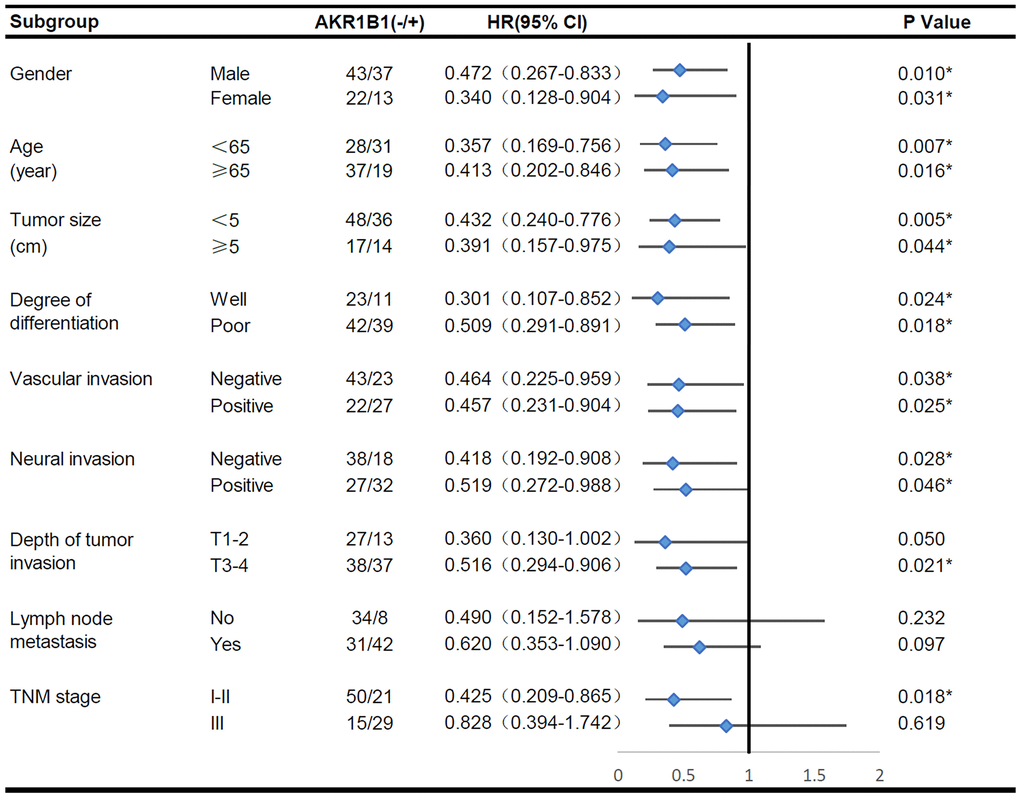 The overall survival analysis of AKR1B1pos vs. AKR1B1neg GC patients in subgroups has been demarcated based on individual clinicopathological indicators.