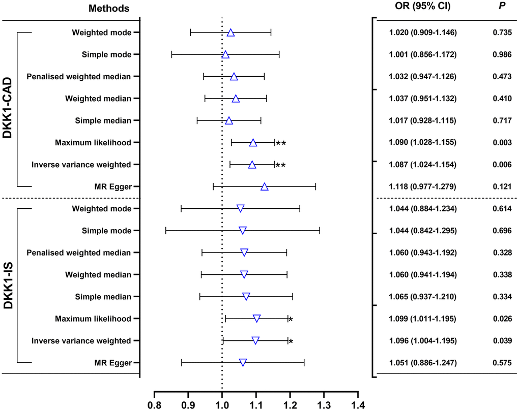 Effects of genetically predicted DKK1 on the risks of CAD and IS. OR, odds ratio; CI, confidence interval. *p p 