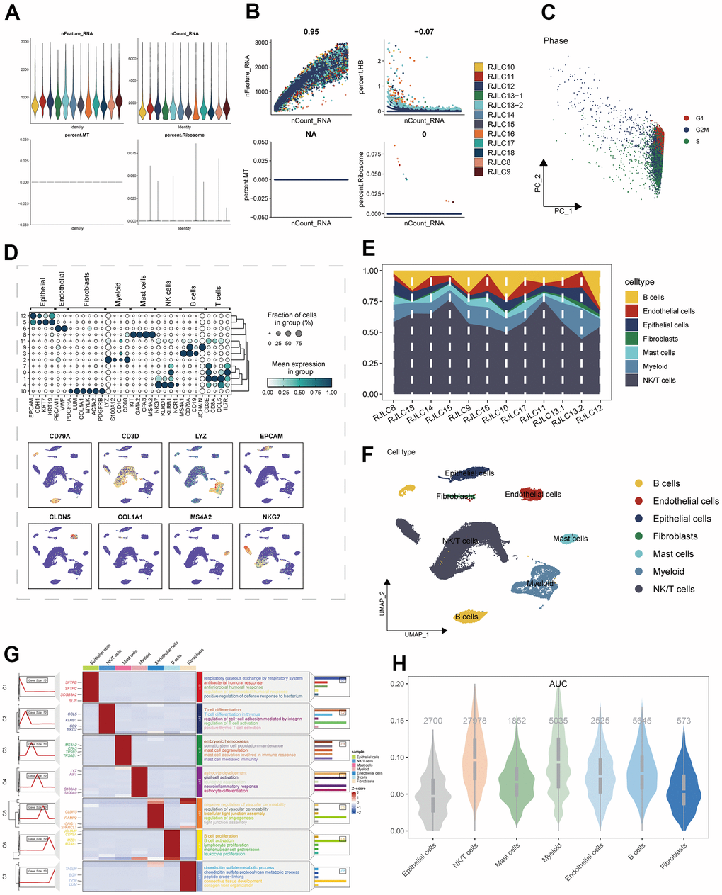 The single-cell analysis process was executed as follows: (A) The distribution of gene expression levels, sequencing depth, the percentage of red blood cell genes, the percentage of mitochondrial genes, and the percentage of ribosome genes was assessed across the 12 samples. (B) Correlations between sequencing depth and gene expression levels, as well as the percentages of mitochondrial genes, red blood cell genes, and ribosome genes, were examined. (C) The distribution of observation samples slated for clustering based on cycle-related marker scores was analyzed. (D) The expression of marker genes within diverse subpopulations of classical cell types was depicted. (E) The distribution of distinct cell populations across the 12 LUAD samples was illustrated. (F) An UMAP plot displayed the comprehensive composition of cell types. (G) Differential expression markers between various enriched cell types, aligned with pathway profiles, were identified. (H) Divergent ICD activity within distinct cell groups was ascertained.