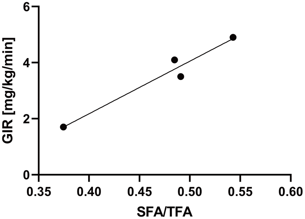 The SFA/TFA ratio is correlated with the GIR. Four patients with WS patients were included. The correlation coefficient between the SFA/TFA and GIR; R2 = 0.95, p = 0.024; for statistical analysis, simple linear regression analysis was performed. WS: Werner syndrome; TFA: total fat area; SFA: subcutaneous fat area; GIR: glucose infusion rate.