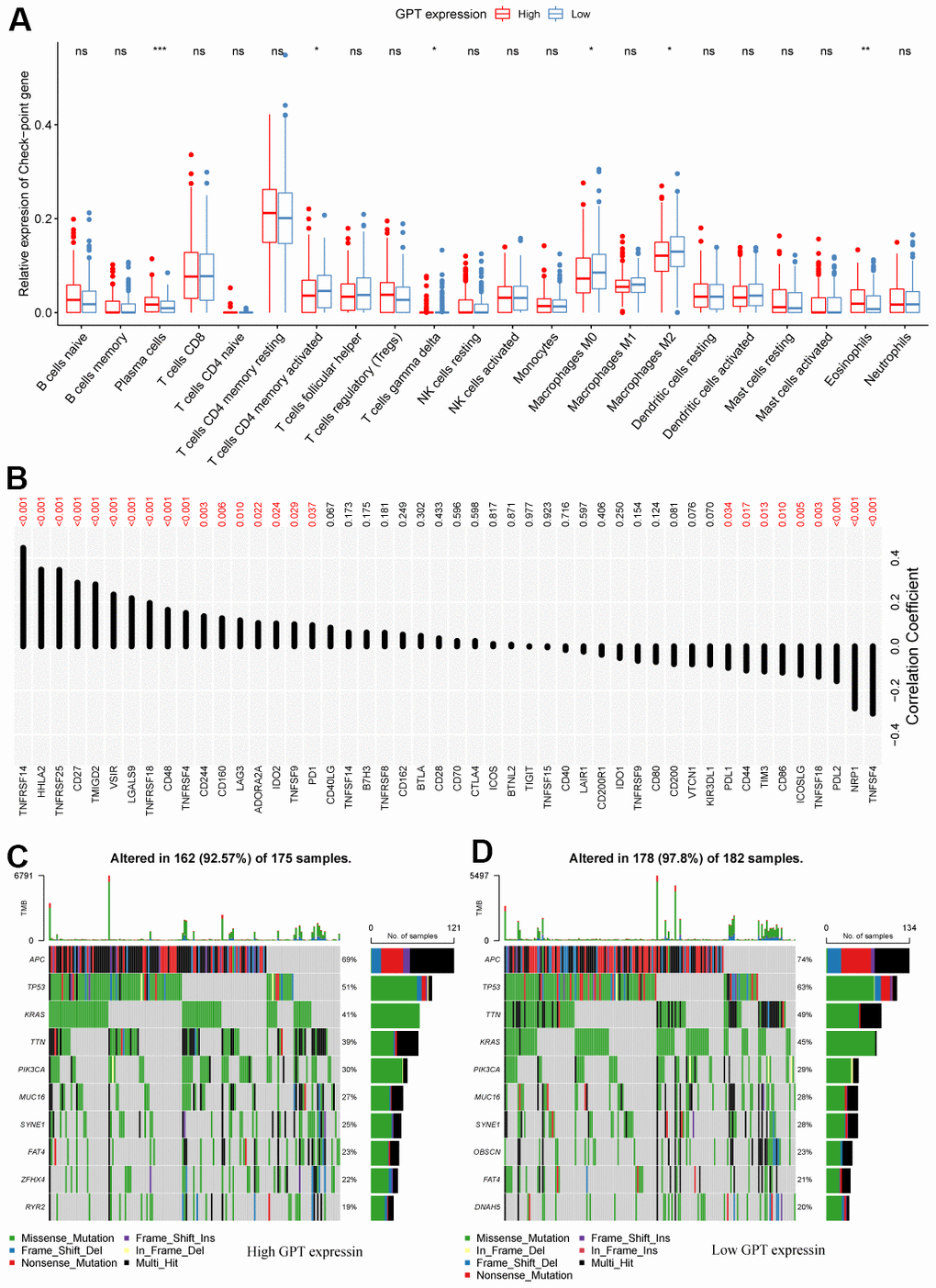 Correlation between GPT expression and the tumor microenvironment. (A) Differential analysis of immune cell infiltration levels with different levels of GPT expression. (B) Correlation between GPT expression and immune checkpoint molecules. (C, D) Somatic mutation profiles at different GPT expression levels.