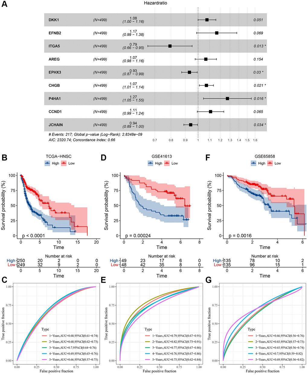 Determination of risk model and its KM, ROC curves. (A) Multifactor forest plot of prognostic key genes; (B) KM curve of risk model constructed for 9 genes in TCGA dataset; (C) ROC curve of the risk model in TCGA dataset; (D) KM curve of risk model constructed for 9 genes in GSE41613 dataset; (E) ROC curve of risk model in GSE41613 dataset; (F) KM curve of risk model constructed for 9 genes in GSE65858 dataset; (G) ROC curve of risk model in GSE65858 dataset.