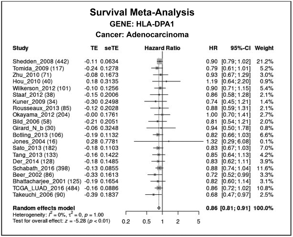 The association between a decreased expression of HLA-DPA1 and poor prognosis of patients with LUAD using the LCE database. Abbreviations: LUAD: lung adenocarcinoma; LCE: Lung Cancer Explorer.