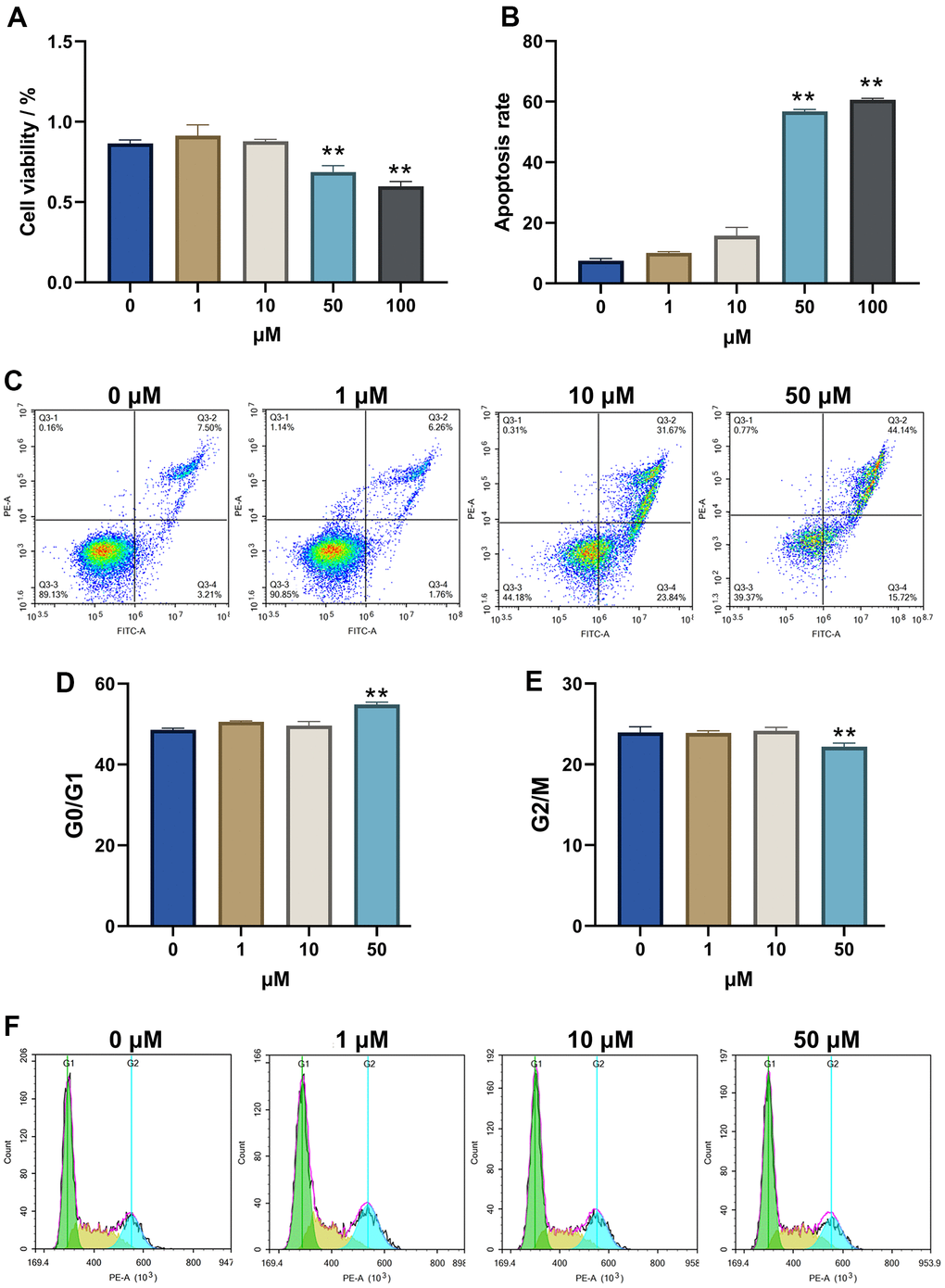 Alp inhibited the viability and proliferation of HT22 cells. (A) The effect of Alp on HT22 cell viability; (B) Apoptosis rate of HT 22 cells in each group is shown as bar graphs; (C) Apoptotic histograms from each experimental group. (D, E) Each cell cycle phase in the experimental group. (F) Representative histogram indicating cell cycle arrest; n = 6, Data are presented as mean ± SEM, *p **p 