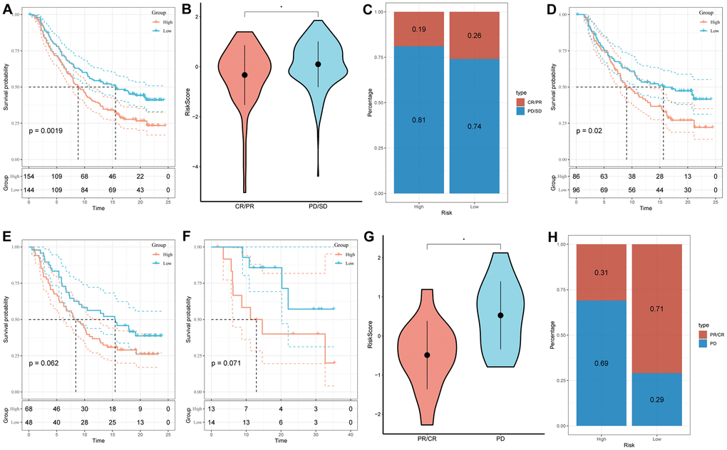 Prediction of responsiveness to immunotherapy using our signature based on public database. (A) Prognostic differences between risk subgroups in the IMvigor210 cohort. (B) Differences among immunotherapy responses based on risk scores in the IMvigor210 cohort. (C) Distribution of immunotherapy responses based on risk subgroups in the IMvigor210 cohort. (D) Prognostic differences between risk subgroups based on early stage (stage I–II) in the IMvigor210 cohort. (E) Prognostic differences between risk subgroups based on advanced patients (stage III–IV) in the IMvigor210 cohort. (F) Prognostic differences between risk subgroups in the GSE78220 cohort. (G) Differences among immunotherapy responses based on risk scores in the GSE78220 cohort. (H) Distribution of immunotherapy responses based on risk subgroups in the GSE78220 cohort. (*P 