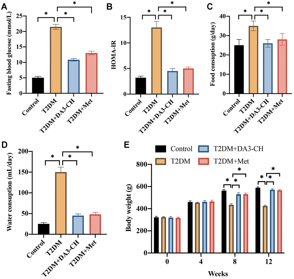 DA3-CH greatly improves T2DM symptoms. (A) The level of fasting blood glucose was measured; (B) The HOMA-IR was analyzed; (C) The food consumption was calculated; (D) The water consumption was calculated; (E) The body weight was recorded. * means p 