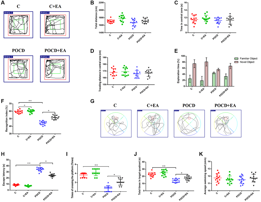 EA pretreatment alleviates anesthesia and surgery-induced cognitive decline in aged rats. (A) Traveling trajectory in the open field. (B–D) Total distance traveled, time in the central zone and traveled distance in the central zone of the open field among the four groups. (E) Exploration time to the familiar and novel objects during the novel object recognition phase. (F) Recognition index. (G–K) Swimming trajectory, escape latency, number of crossings of the platform area, total time spent in the target quadrant and average swimming speed in the MWM test. *p **p 
