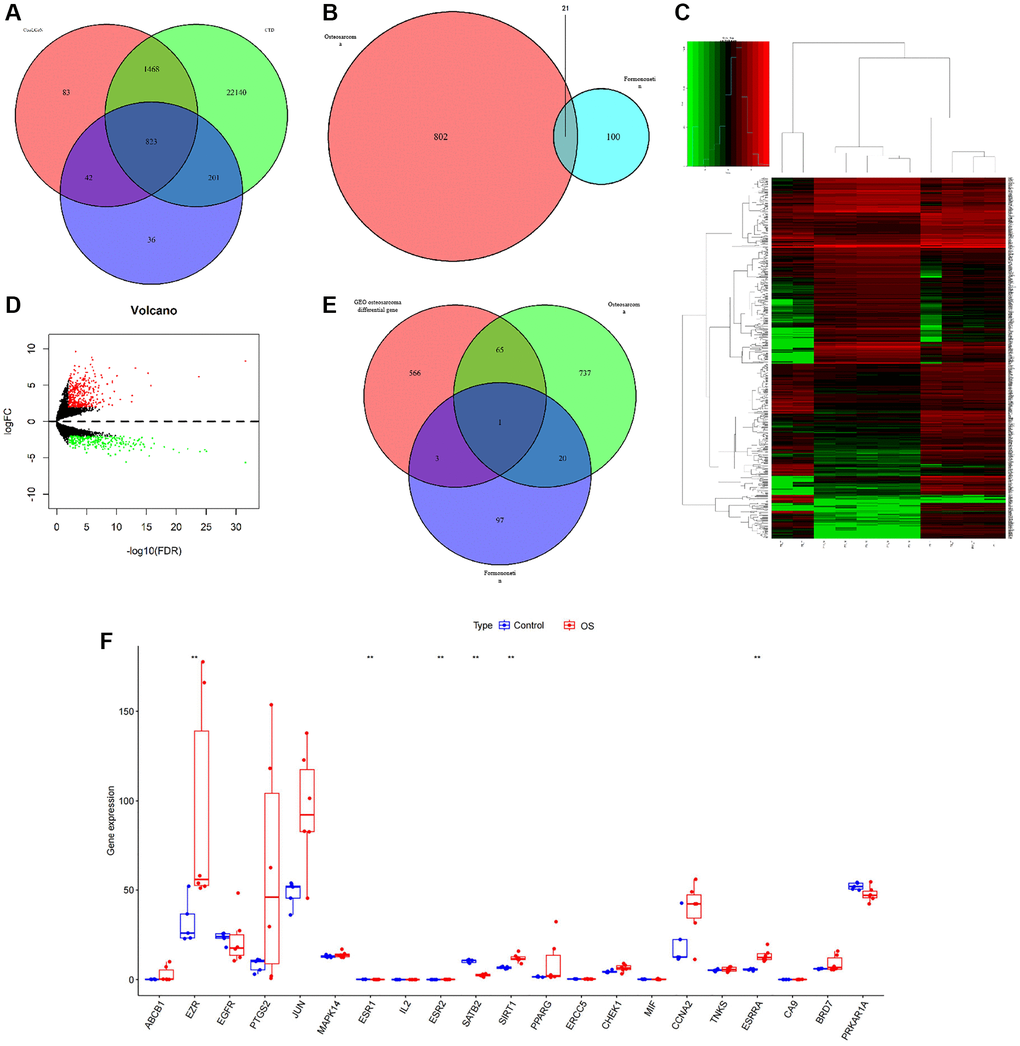 (A) A Venn diagram of the predicted targets of OS. (B) A Venn diagram of OS and formononetin targets. (C, D) A calorimetric map and differential gene volcanic map for the OS group and normal group based on GSE126209 chip in the GEO database. (E) A Venn diagram showing the prediction targets for the OS in the GEO database. (F) A boxplot extracting the expression levels in the GEO database.