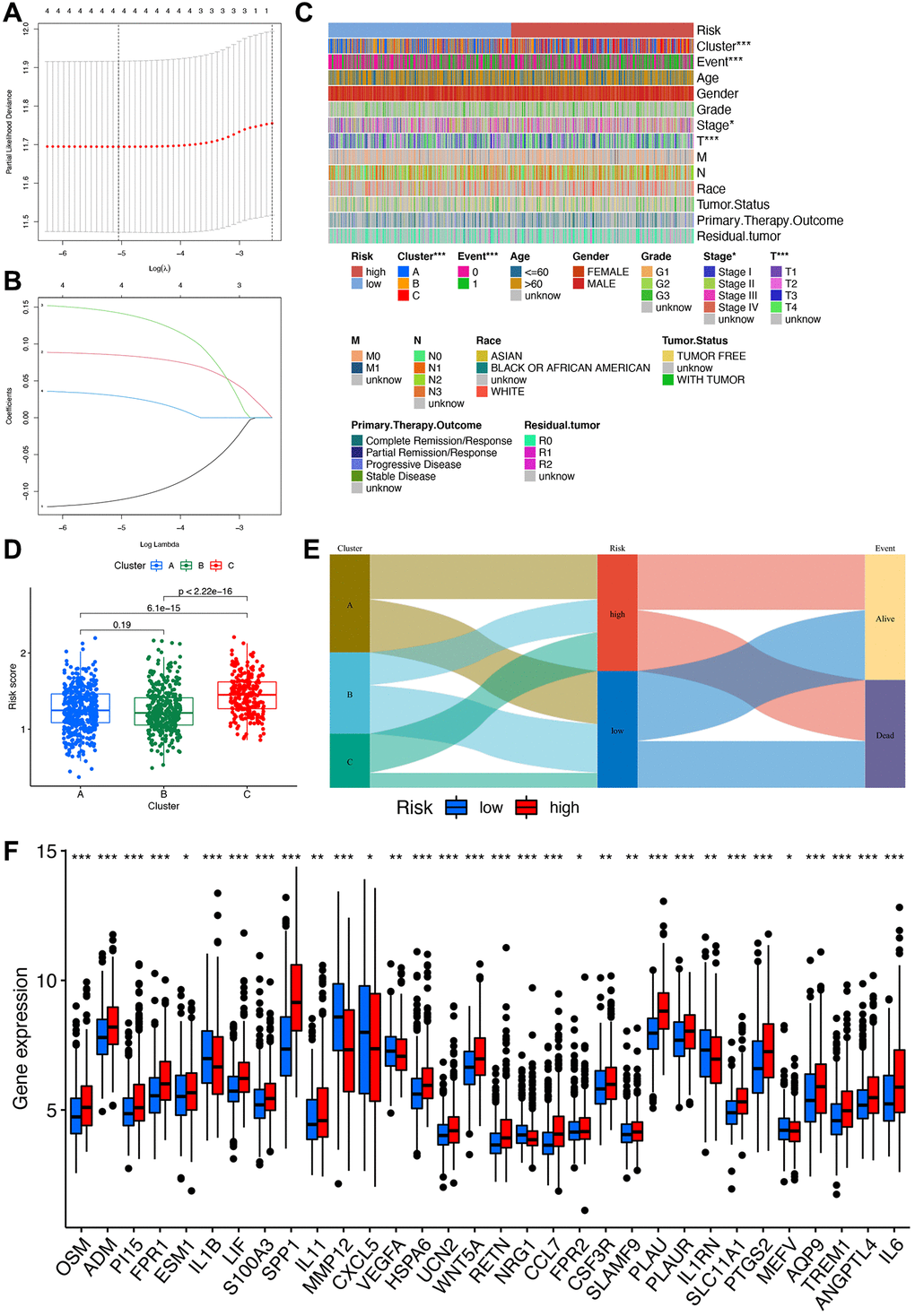 Construction of the risk signature. (A) Multivariate Cox regression analysis. (B) LASSO regression analysis. (C) Heatmap of clinical correlations, with asterisks representing differences in this clinical trait between high- and low-risk groups. ***p **p *p D) Clinical correlation analysis of differences in risk scores between different clusters. (E) Sankey diagram linking cluster, risk, and prognosis. (F) Box plot for differential analysis of IRGs in high- and low-risk groups.