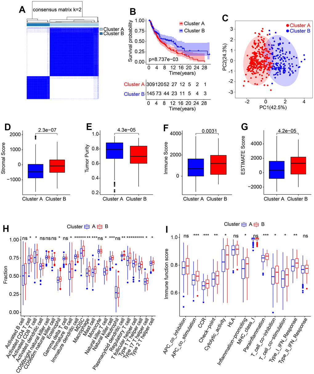 Consensus clustering of CM samples and immune infiltration landscape evaluation. (A) Consensus clustering heatmap shows the optimal classification under K= 2-9. (B) The Kaplan-Meier survival curve analysis of patients with CM in Cluster A and Cluster B. (C) PCA score plot illustrates a clear distribution between Cluster A and Cluster B. (D–G) Stromal, immune and ESTIMATE scores, and tumor purity. (H) The proportion of 23-type immune cells in Cluster A and Cluster B. (I) Immune function score of patients in Cluster A and Cluster B.