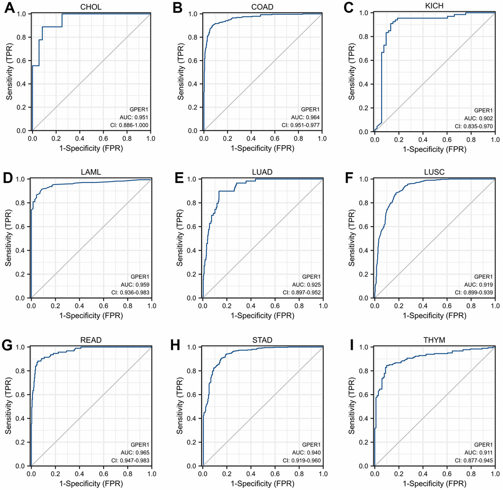 Receiver operator characteristic (ROC) curve of GPER1 in cancers. Cancers with AUC > 0.9 for GPER1: (A) CHOL; (B) COAD; (C) KICH; (D) LAML; (E) LUAD; (F) LUSC; (G) READ; (H) STAD; (I) THYM.