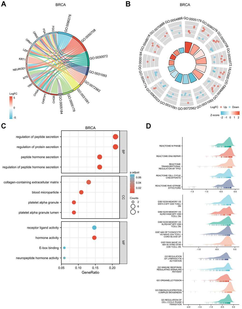 Functional enrichment analysis for DEGs between High and Low expression of GPER1 expression in BRCA. (A) GO/KEGG pathway enrichment joint logFC for DEGs between High and -Low expression of GPER1 expression in BRCA presented as string graph. The left half of the figure shows the gene blocks, and the different colors of the blocks represent the corresponding logFC values. The right half of the graph shows the entry blocks, the size of the blocks represents the corresponding Counts, and the lines (strings) between the blocks on the left and right half of the graph represent the molecules contained in the entry, the presence of the lines means that the entry contains the corresponding molecules. (B) GO/KEGG joint logFC results presented as circle graph. The circle diagram can be divided into two parts: the inner circle and the outer circle. Each bar in the inner circle corresponds to an entry, and the height is the relative size of the p.adj. The higher the bar, the smaller the p.adj of the ID. The color of the corresponding filled column represents the Zscore value of the entry. (C) GO/KEGG pathway enrichment presented as bubble chart, (D) GSEA of the signaling pathways associated with DEGs of GPER1 expression in BRCA.