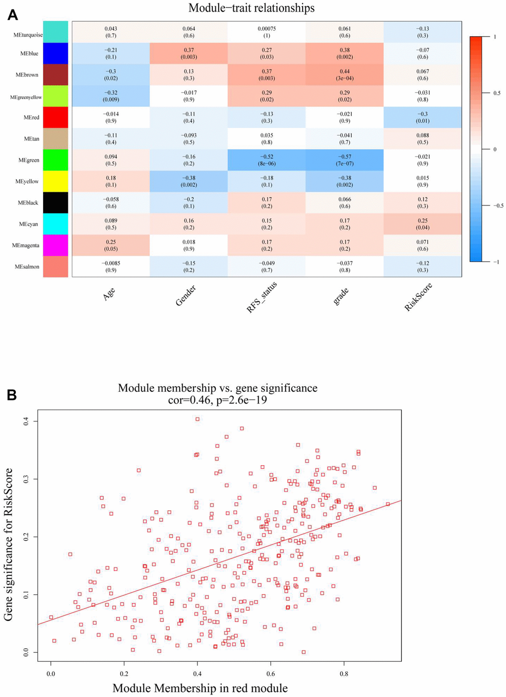 (A) Heatmap of the correlation between module (MEs) and trait characteristics (included RiskScore) of meningioma. (B) The correlation analysis between module membership (MM) in red module and gene significance (GS) for RiskScore.
