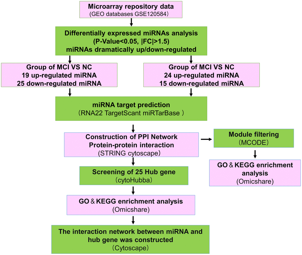 Overall working flowchart of bioinformatics analysis based on publicly available data in GEO public database. GEO, Gene Expression Omnibus; miRNA, microRNA; FC, fold change; RNA22, TargetScant, miRTarBase, microRNA-target interactions database; mRNA, messenger RNA. NC, normal control; MCI, Mild cognitive impairment; AD, Alzheimer’s disease.