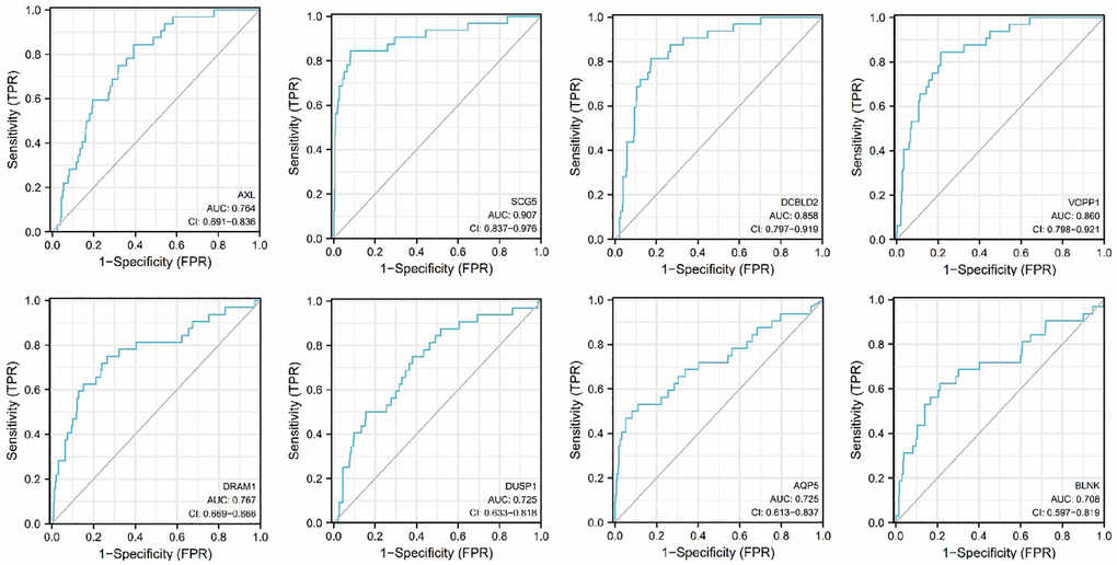 Receiver operating characteristic curves (ROC) for the AXL, SCG5, VOPP1, DCBLD2, DRAM1, DUSP1, AQP5, BLNK in the patients with oral squamous cell carcinoma.