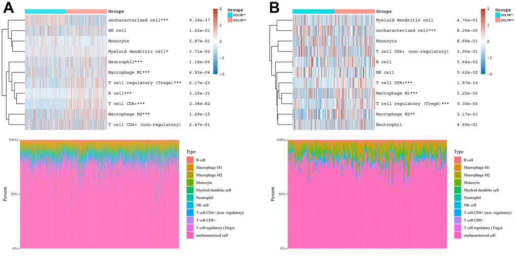 Correlation between CCL19 expression and anti-tumor immune cells. (A) BRCA patients were clarified into two groups, CCL19high group and CCL19low group. Then the correlation between immune cells and CCL19 expression was studied. Each line is a sample. Red indicates positive correlation, the corresponding immune cells are easy to be activated, while blue indicates that the high/low expression of CCL19 has a negative impact on immune cells. (B) We classified OV patients, and then studied the effects of CCL19 high expression environment and low expression environment on different immune cells.