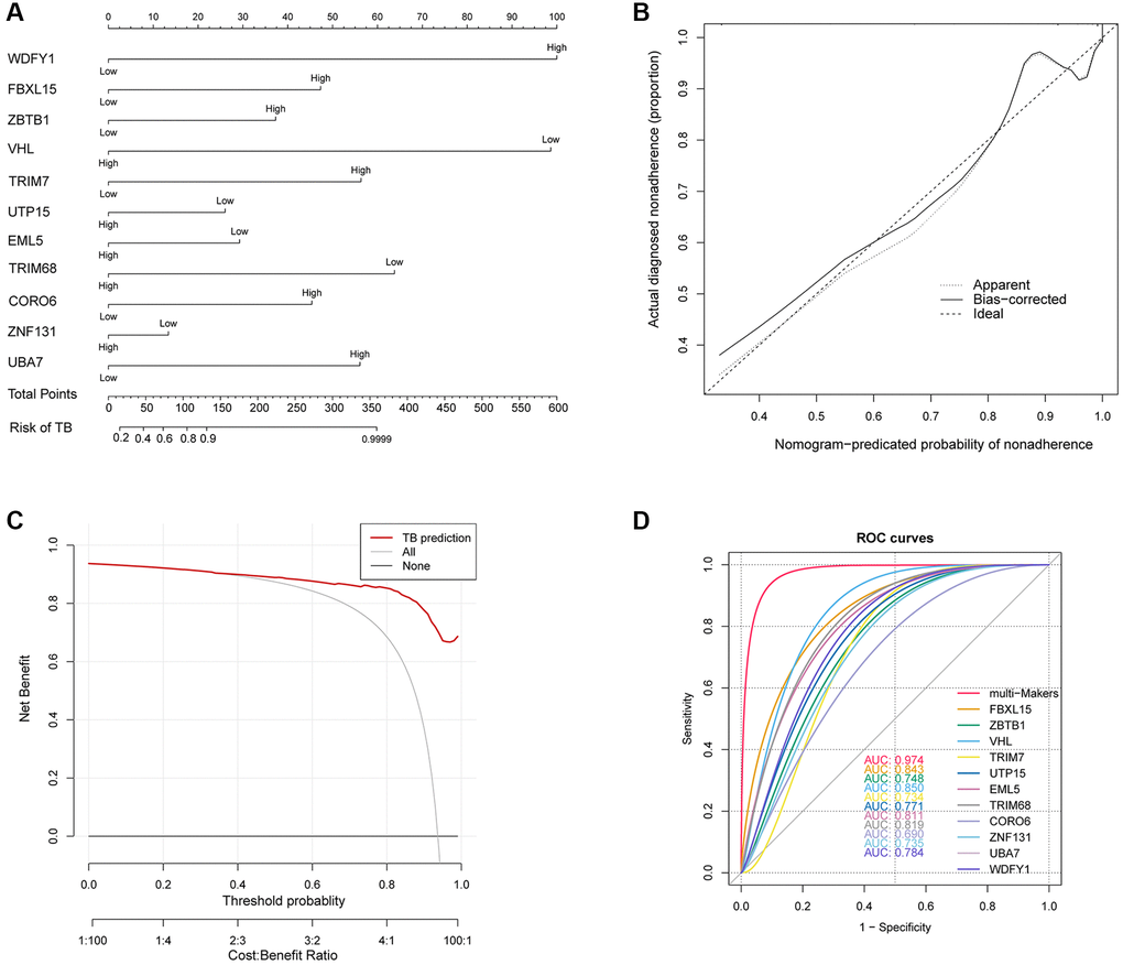 (A) Developed nonadherence nomogram. (B) The calibration curves for predicting nonadherence using the nomogram in the cohort are illustrated. (C) Decision curve analysis for the nomogram. (D) ROC curve of Ub-related hub genes in TB diagnosis.