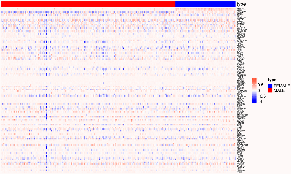 Heat map showing methylation changes in necroptosis genes in male and female patients. (*p **p ***p 