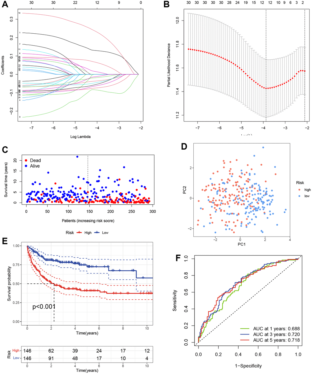 Construction of the TRGs-based scoring model. (A) LASSO coefficient profiles of TRGs in GSE10846 training cohort. (B) Selection of the optimal parameter (λ) in the LASSO model. (C) Survival status of DLBCL patients in GSE10846 training cohort. (D) PCA analysis of the DLBCL patients based on the TRGs score in GSE10846 training cohort. (E) Kaplan-Meier curves of OS based on TRGs score in GSE10846 training cohort. (F) Time-dependent ROC analysis of the TRGs score in GSE10846 training cohort.