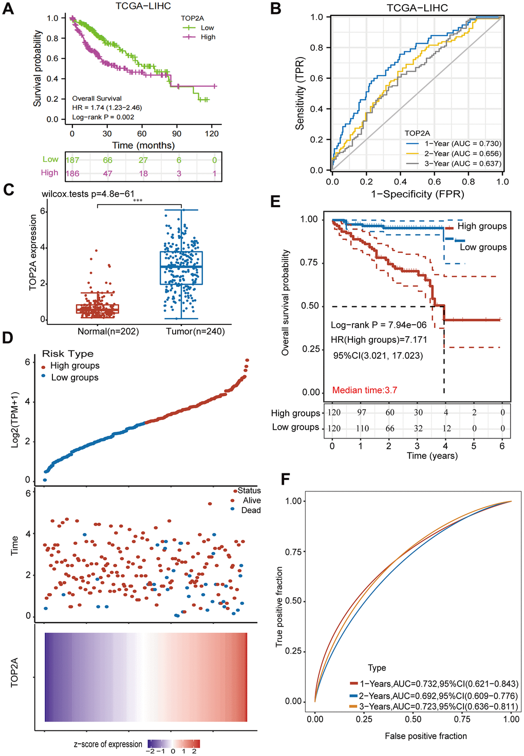 The prognostic value of TOP2A in LIHC. (A) The overall survival curve of TOP2A in LIHC. (B) ROC curves of TOP2A to predict the sensitivity and specificity of 1-, 2-, and 3-year overall survival. (C) The mRNA expression level of TOP2A of LIHC and normal tissues in ICGC database. (D) Distribution of risk score, survival status, and TOP2A expression profile of LIHC in ICGC database. (E) Kaplan-Meier curve of overall survival in high-and low-risk groups. (F) ROC curve of the TOP2A risk score model. HR, hazard ratio. ***P 