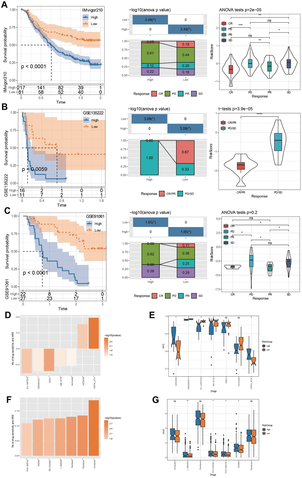 Immunotherapy evaluation and drug sensitivity prediction. (A) ARS survival curve and immunotherapy distribution in IMvigor210 dataset. (B) ARS survival curve and immunotherapy distribution in GSE135222 dataset. (C) ARS survival curve and immunotherapy distribution in GSE91061 dataset. (D) Correlation between TCGA-HNSC cohort ARS and drug AUC values in GDSC database. (E) The distribution of each drug’s AUC based on GDSC database between risk groups. (F) Correlation between TCGA-HNSC cohort ARS and drug AUC values in CCLE database. (G) The distribution of each drug’s AUC based on CCLE database between risk groups. *p 