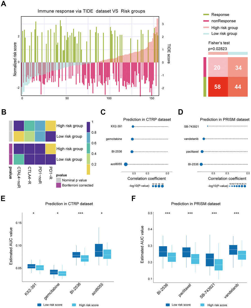 Predicting response to immunotherapy and potential therapeutic agents. (A) The distribution of the risk score and predicted immune therapy response based on the TIDE dataset (left). The numbers of patients who might potentially response or non-response to immunotherapy in two risk groups for Fisher’s test (right). (B) Submap analysis predicted potential response to immunotherapy in low- and high-risk groups. (C) Correlation between estimated AUC values of CTRP-derived compounds and CIS score. (D) Correlation between estimated AUC values of PRISM-derived compounds and CIS score. (E) Comparison of AUC values of CTRP-derived compounds between low- and high-risk groups. (F) Comparison of AUC values of PRISM-derived compounds between low- and high-risk groups. (*P