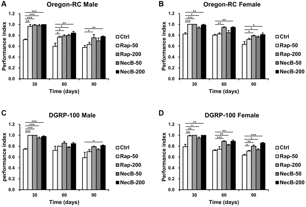 NecB improved the locomotion activity of D. melanogaster. (A) Oregon-RC males, (B) Oregon-RC females, (C) DGRP-100 males and (D) DGRP-100 females. Ctrl represents standard cornmeal medium; Rap-50 represents cornmeal medium supplemented with Rapamycin at 50 μg/mL; Rap-200 represents cornmeal medium supplemented with Rapamycin at 200 μg/mL; NecB-50 represents cornmeal medium supplemented with NecB at 50 μg/mL; and NecB-200 represents cornmeal medium supplemented with NecB at 200 μg/mL (Supplementary Table 1). The locomotor activity was observed on the 30th, 60th, and 90th day and indicated as performance index. The data are from three independent experiments, and values are shown as mean ± s.e.m. An unpaired Student’s t-test was used for the statistical analysis; n = 15, *p **p ***p 