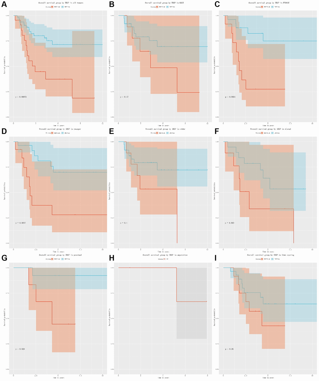 The relationship between IBSP expression and overall survival. (A) Overall survival group by IBSP in all tumors. (B–I) Overall survival group by IBSP in male, female, younger, older, distal, proximal, amputation, and limb sparing.
