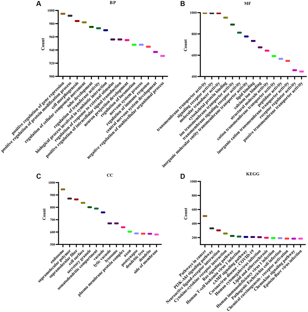 Functions and signaling mechanisms involved in KLRB1. (A) BP; (B) MF; (C) CC; (D) KEGG.